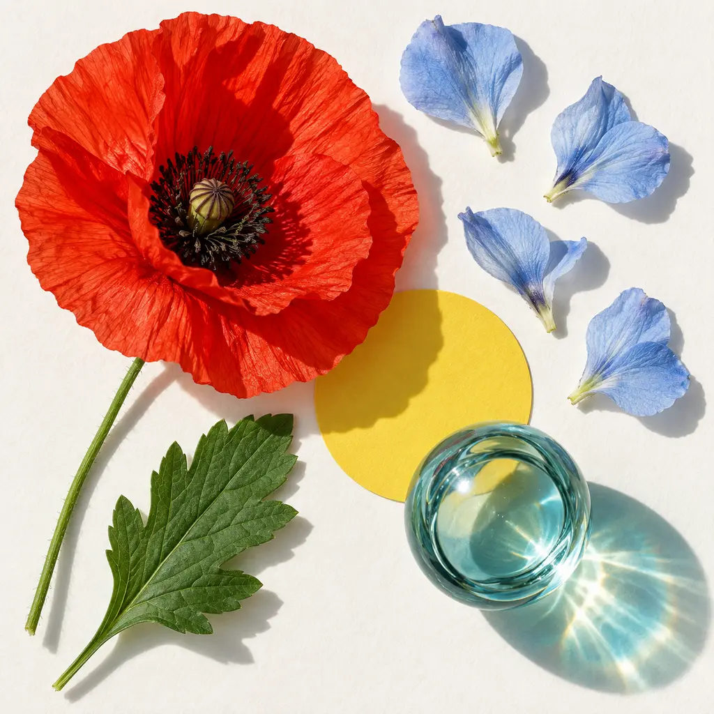 Красный цветок, голубые лепестки, зелёный лист и жёлтая бумажная форма